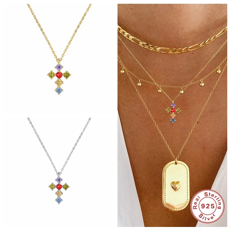 

KOJ Elegant 925 Sterling Silver Rainbow Colorful Six Zircon Cross Pendent Necklace Long Chain Women Luxury Crystal Fine Jewelry