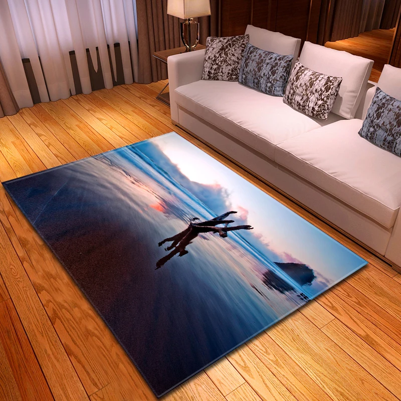 

Scenic Beach Parlor Bedside Floormat Area Rug Flannel Non Slip Bedroom Rug Nordic Style Living Room 3D Carpets for Home