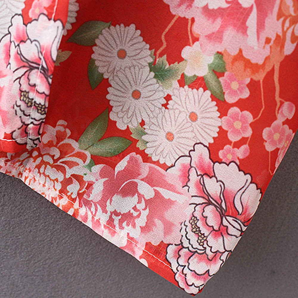 Летняя женская шифоновая блузка с цветочным принтом кимоно поясом Пляжная