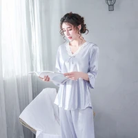 2021 new womens pajamas lace thin home clothes ice snow silk sexy sleepwear 2pcs set medium sleeve casual nightwear nightgown