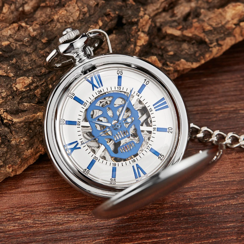 Skull Fashion Smooth Mechanical Pocket Watch Men Skeleton Steampuk Hand Wind Pendant Clock Chain With Arabic Numerals for Gift