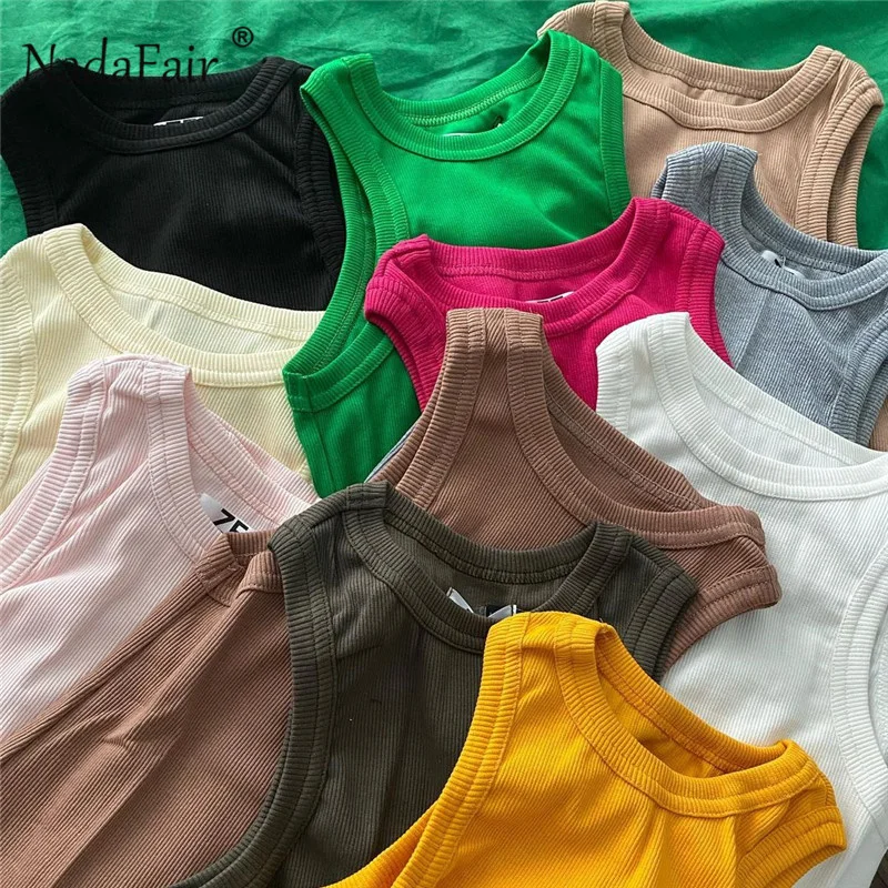 

Nadafair Ribber Knitted Tops Femme O Neck Summer Basic Shirts White Black Casual Sport Vest Off Shoulder Green Women's Tank Top