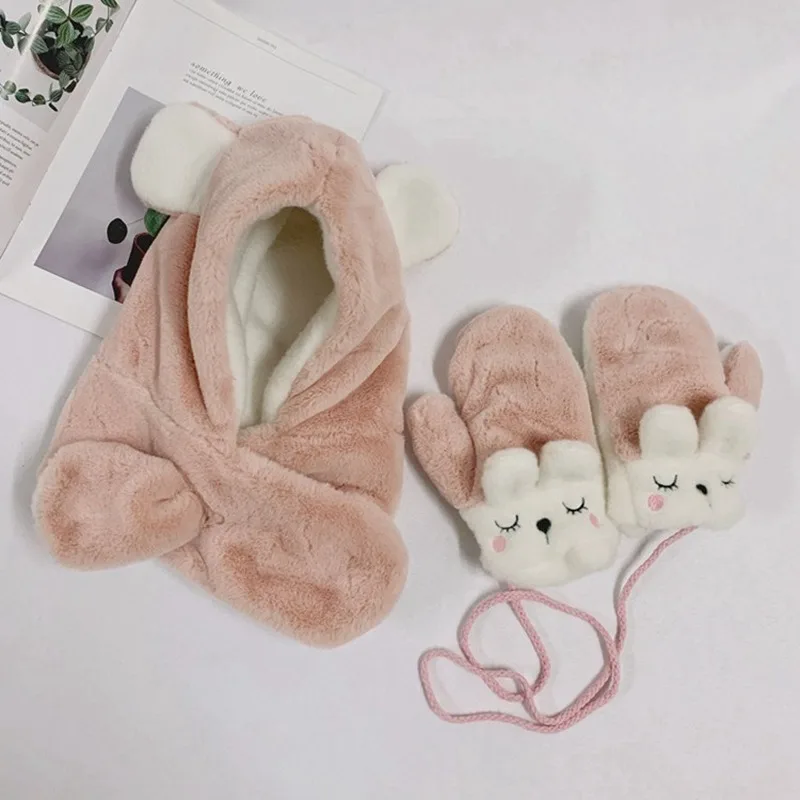 

New Fashion Cute Korean Children's Hats Bibs Gloves Three-piece Set Autumn and Winter Models Rabbit Ears Cartoon Cute Ear Caps