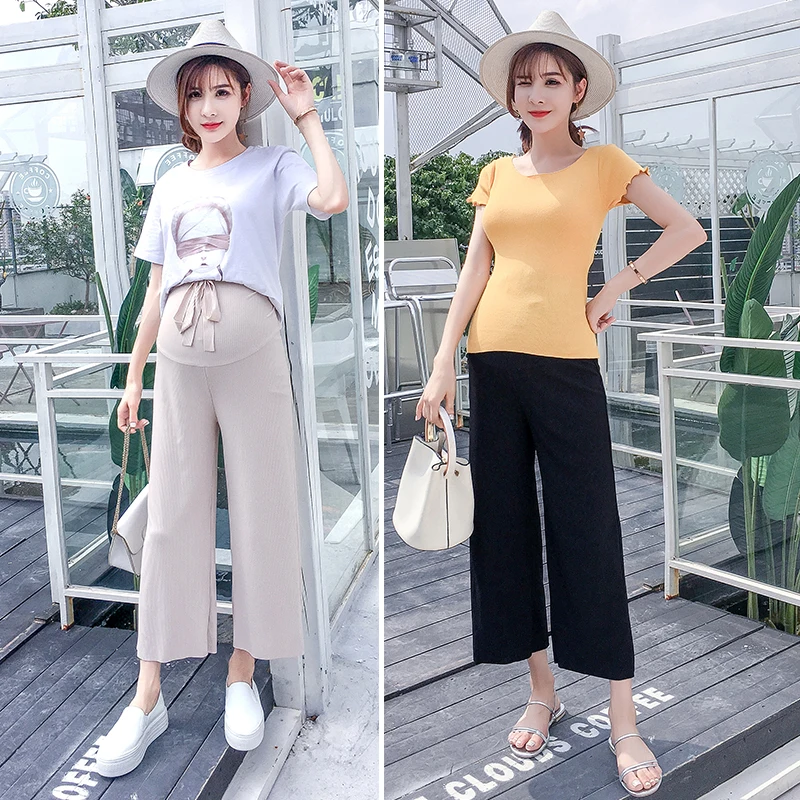 

6838# Summer Thin Ice Silk Maternity Pants Adjustable Belly Wide Leg Loose Pants Clothes for Pregnant Women Casual Pregnancy
