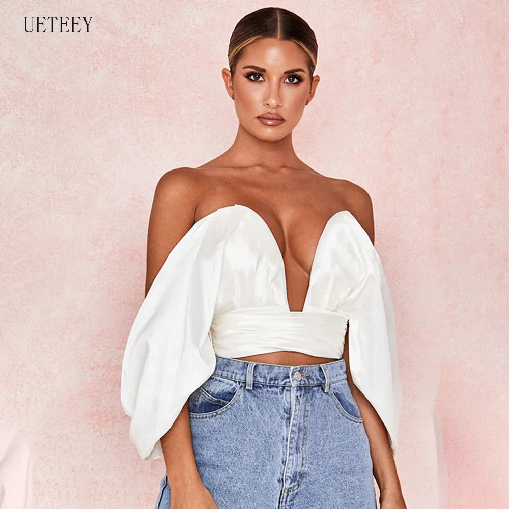 

UETEEY Fashion Blouses Women Satin Deep V-neck Off Shoulder Strapless Bow Lace up Backless Ladies Cropped Top Streetwear