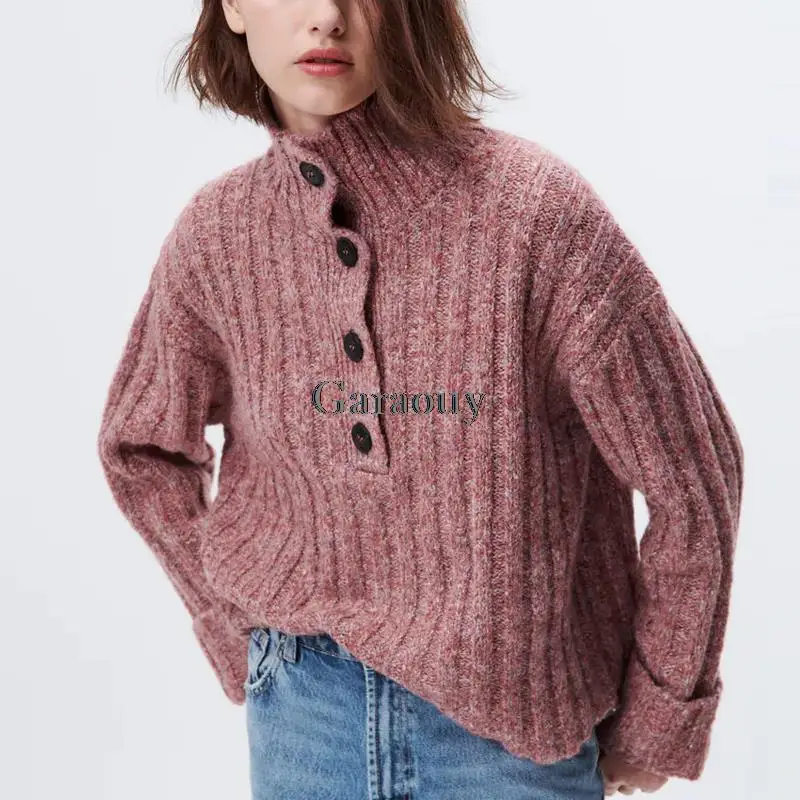 

Short Section Winter Fashion High Collar Buttons Sweater Solid Color Women Casual Long Sleeve Slim Style Warm Pullover Femme Top