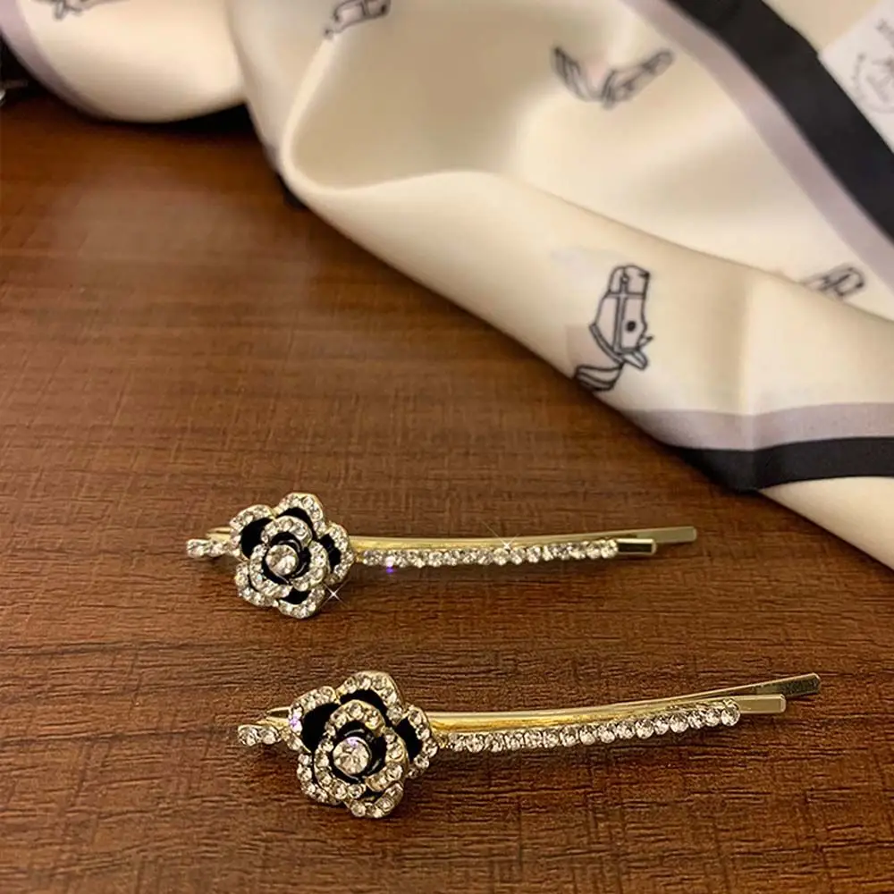 Черные белые стразы каплевидное масло Камелия Цветок женская заколка для волос в