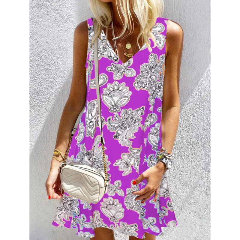 

S-5XL V Neck Printed Plus Size Loose Women's Dress Good Quality Casual Summer Sleeveless Clothes Club Wear Bodycon Ladies Dres