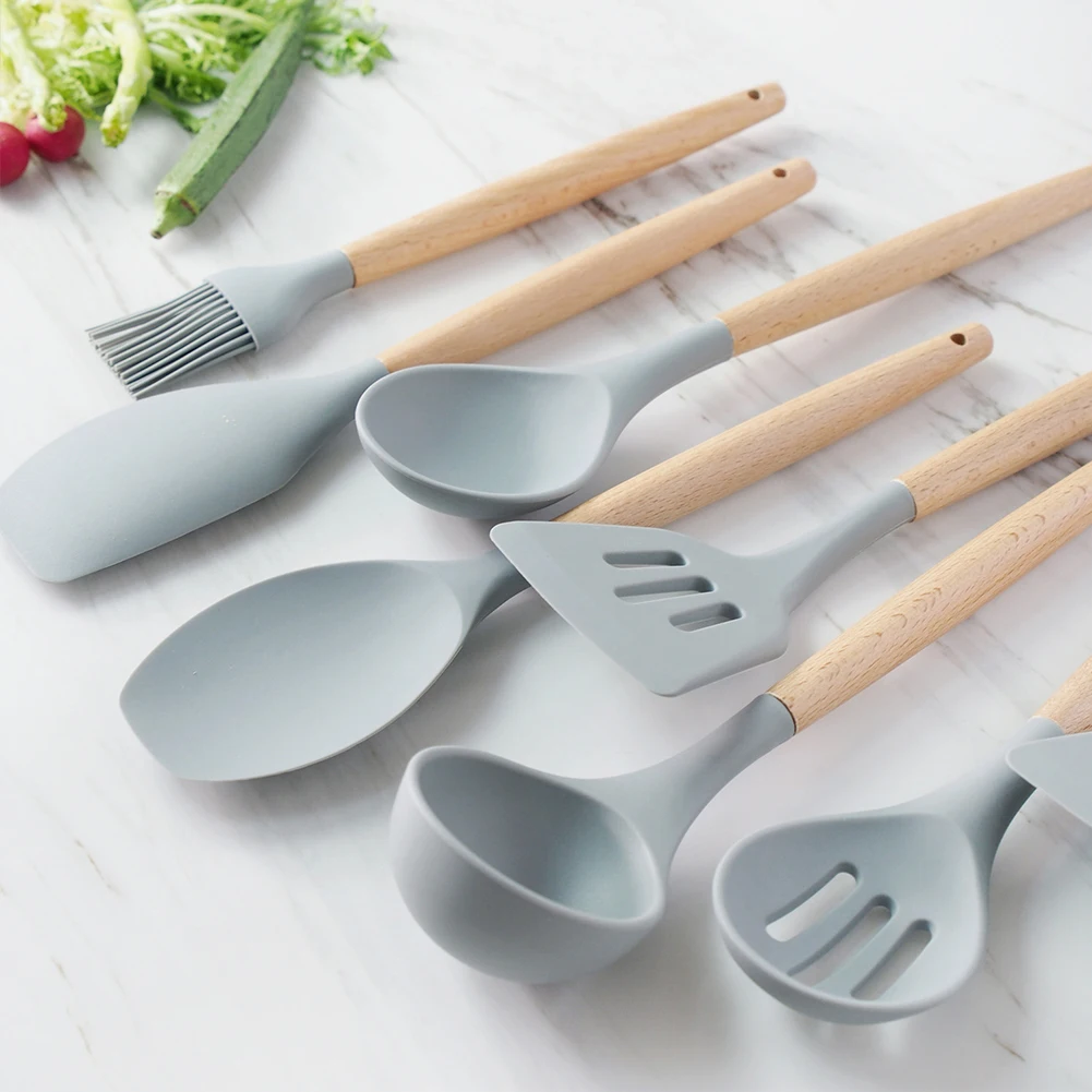 9/10 13 шт. антипригарная силиконовая кухонная утварь Пособия по кулинарии инструменты Кухня набор посуды с бамбуковыми ручками по Пособия по кулинарии инструмент не токсичный Кухня гаджеты