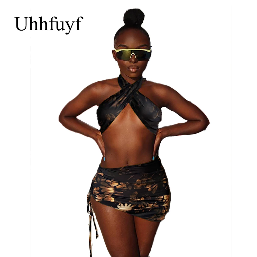 

Uhhfuyf, шикарный дизайн, принт, низкий вырез, сексуальный комплект из 2 предметов для женщин, укороченный топ без рукавов и юбка, летние комплек...