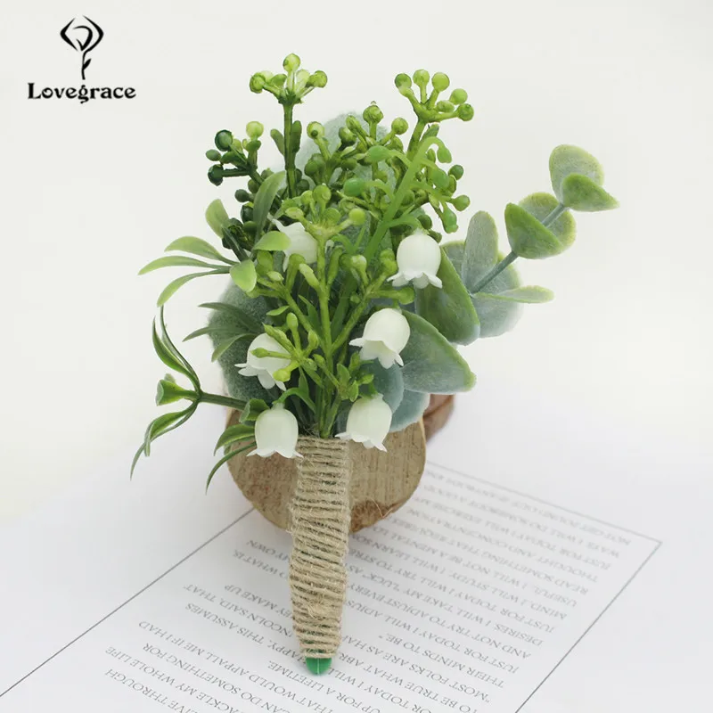 Искусственное зеленое растение ботоньерка для жениха подружки невесты