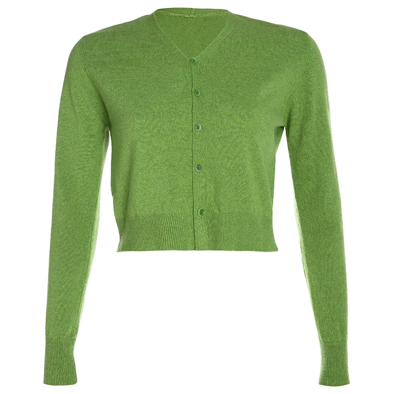 Knitted Sweater Coat Long Sleeve Casual V-Neck Solid Green Cardigans Women Button High Street Crop Top Ladies |