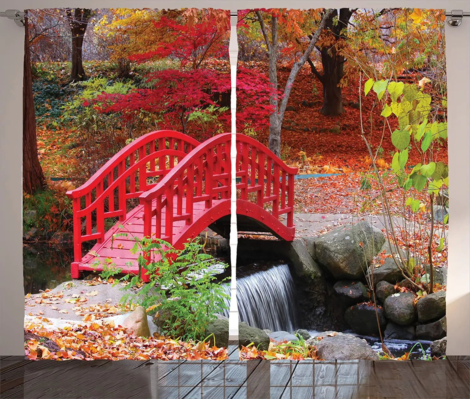 

Japanese Curtains Garden with Oak Colored Little Bridge Nature in November October Fall Living Room Bedroom Window Drapes Red