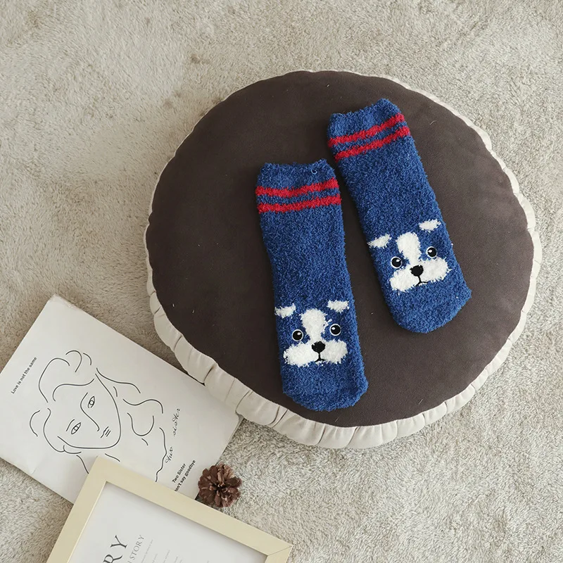 

Cute Lovely Coral Fleece Floor Socks Cartoon Animals Dog Printed Hosiery Middle Tube Socks For Women Girls Winter Sleeping Socks