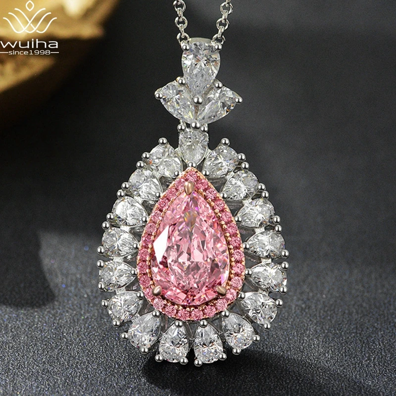 WUIHA Top Quality Solid 925 Sterling Silver Radiant Cut 8*12MM Pink Gem Created Moissanite Wedding Pendant Necklace Fine Jewelry