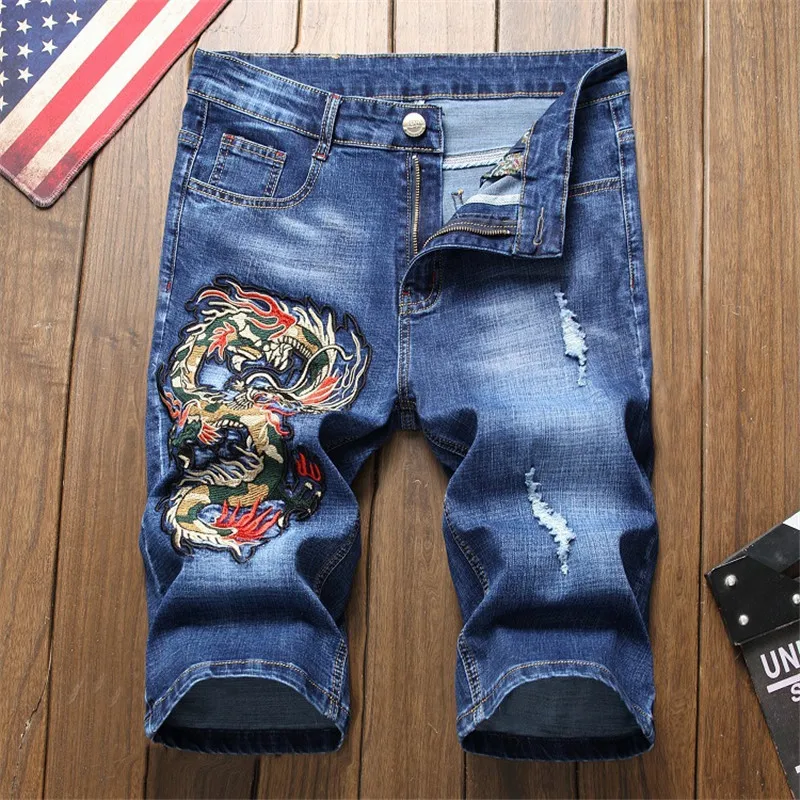 

Men's Knee Length Dragon Embroidery Ripped Jeans Shorts Plus Size Magpie Embroidered Patches Slim Straight Denim Jeans