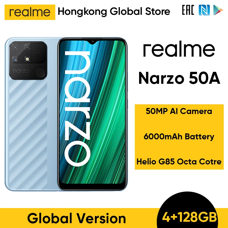 

Global Version realme narzo 50A 6.5” 4GB 128GB Helio G85 Octa Core 50MP AI Triple 18W Quick Charge 6000mAh NFC Mobile Phone