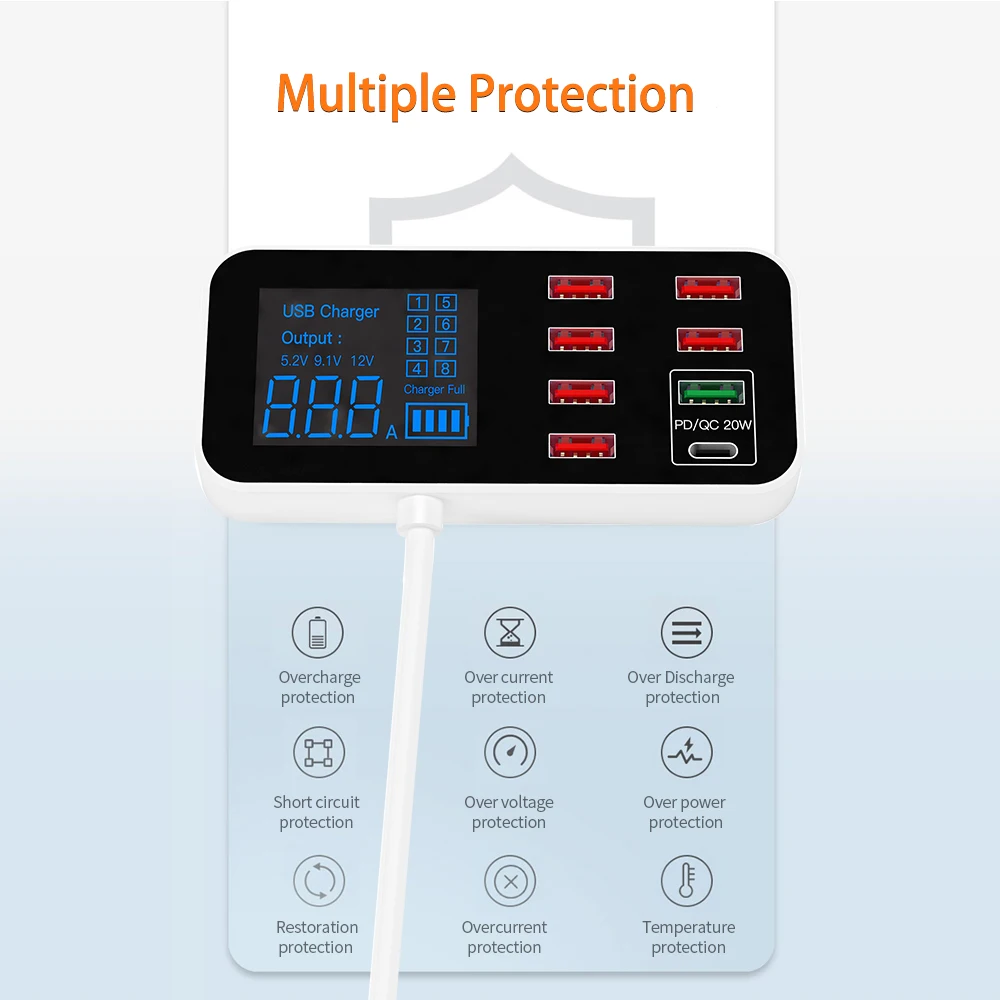 8 портов несколько USB-зарядных устройств с портом быстрой зарядки и ЖК-дисплеем