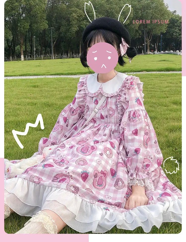 

Kawaii Victorian Gothic Lolita Bear Strawberry Cake Print Jsk Dress Sweet Princess Lolita Dress Spring and Autumn Annals 2021