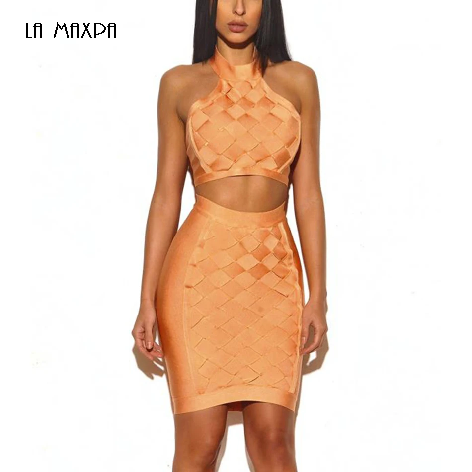 Женское платье двойка 2020 модное облегающее оранжевое Бандажное с открытой