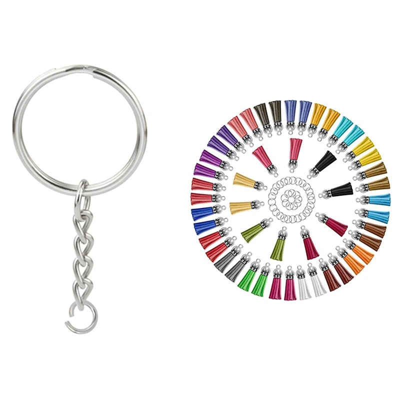 

100Pcs 1 Inch/25mm Metal Split Key Ring with Chain Silver & 1 Set Tassel Keychain Charms Bulk with Jump Rings
