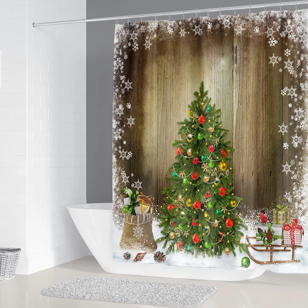 Pаспродажа Комплект для ванной Bipoobee с рождественской елкой, занавеска для душа, водонепроницаемые Противоскользящие коврики с Санта-Клаусом, чехол дл...