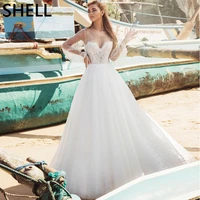 a line tulle wedding dresses o neck illusion lantern sleeves elegant pearls lace crystal 2021 new floor length bridal gowns
