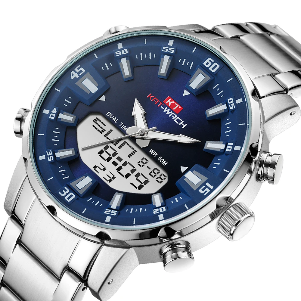 KT New Mens Watches with Stainless Steel Dual Display Waterproof 3D Dial Analog Digital Chronograph Male Sport Style KT1815
