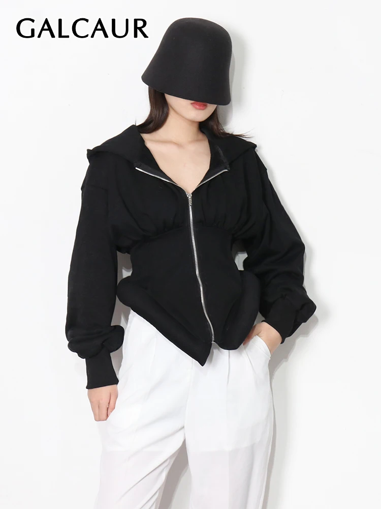 

GALCAUR Casual Patchwork Slim Coat For Women Hooded Long Sleeve Solid Jackets Female Korean Fashion Clothing Autumn 2022 New