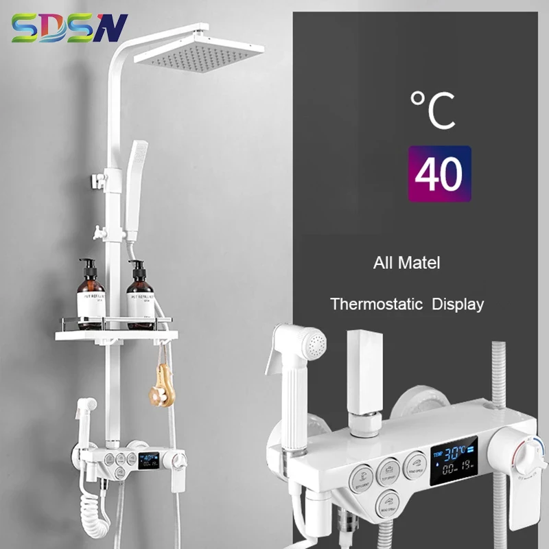 

Bathroom Shower Set SDSN Quality Brass Bathroom Mixer Faucets 9 Inch Rainfall Shower Head White Thermostatic Digital Shower Set