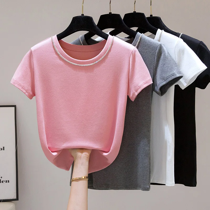 

casual Solid Pink Black Diamond Women T-shirts Summer O-neck Office Lady Cotton Shirts Female Elegant Short Sleeve Top New 2021