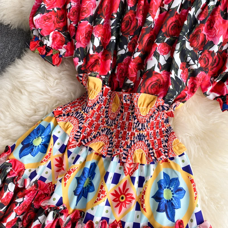 

2021 New Summer Fashion Temperament Slash Neck Puff Sleeve Vestidos Female Retro Printing Elastic Waist Mini Dress Robe