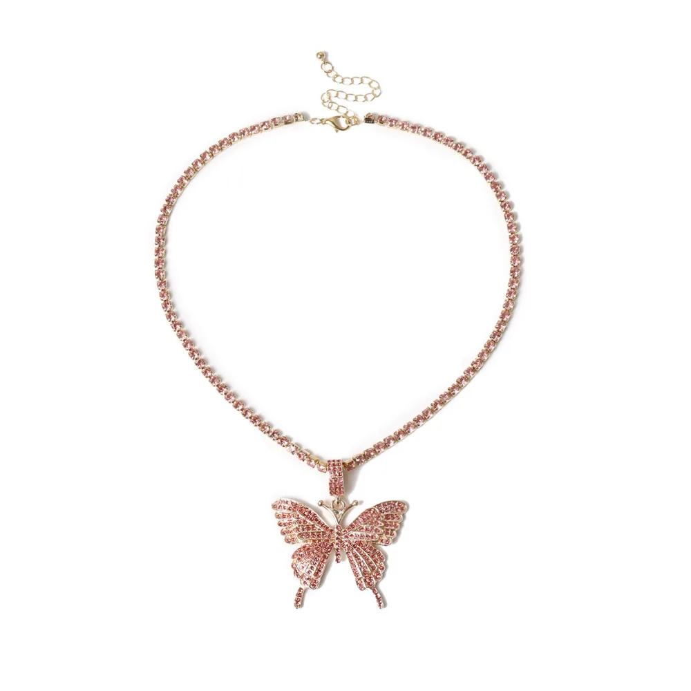 

MOFLO 2020 Bohemian Exaggerated Pink Cubic Zirconia Big Butterfly Charm Pendant Necklace CZ Tennis Butterfly Choker Necklace