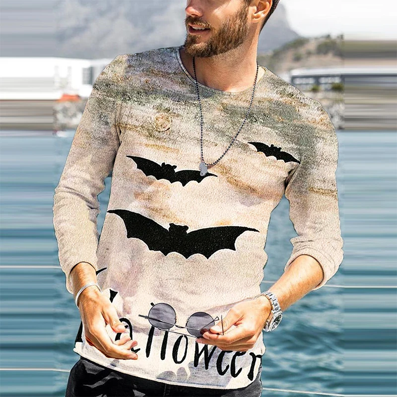 

Casual Halloween Print Mens Shirts Tops Loose Long Sleeve O Neck Pullover T-shirt Male Oversized Hip Hop Cotton Streetwear Tees