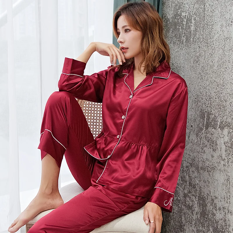 Атласный Шелковый пижамный комплект весна-осень Новый ледяной шелк Повседневная