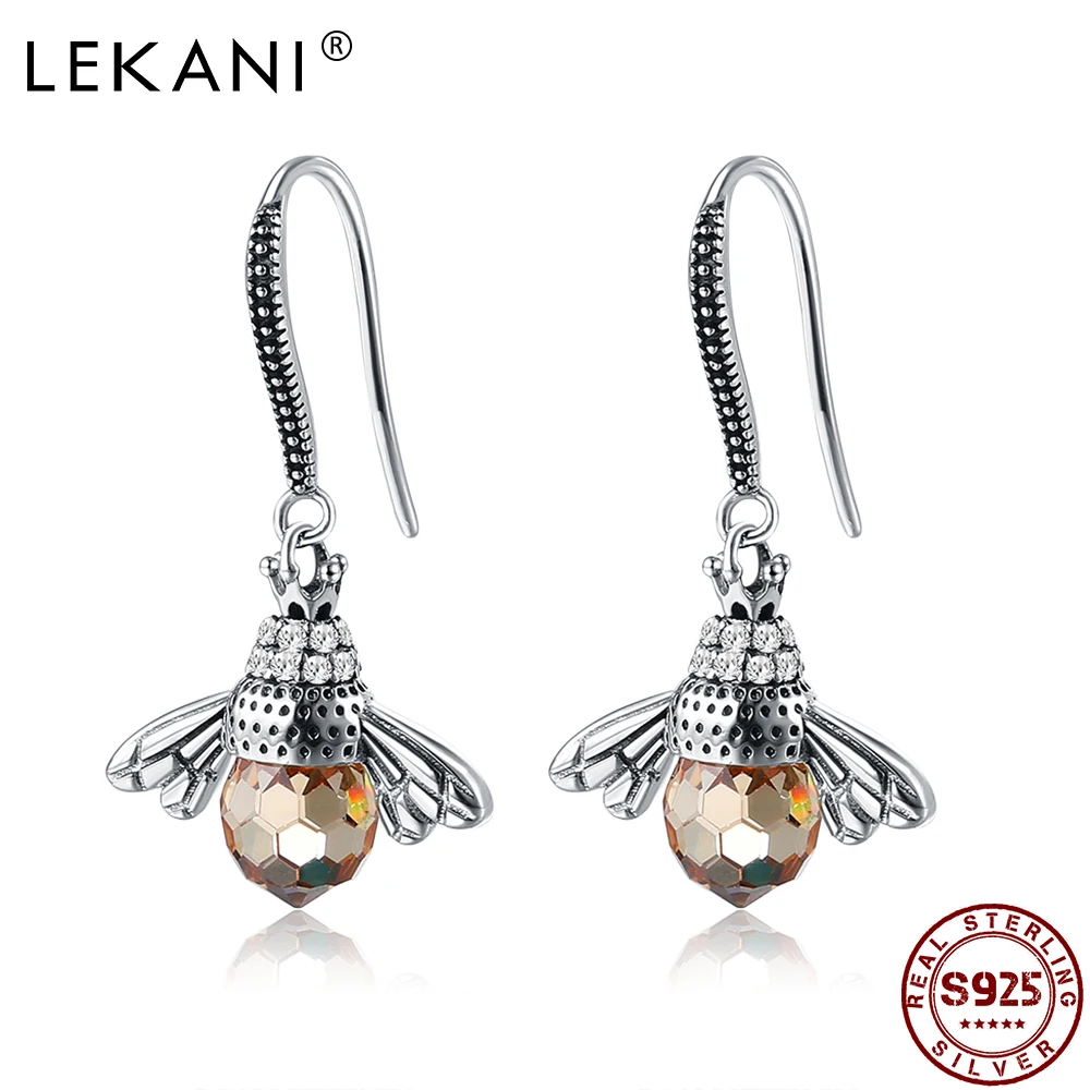 

LEKANI 925 Sterling Silver Drop Earrings For Women Cubic Zirconia And Austria Crystal Bee Shape Earring Anniversary Fine Jewelry