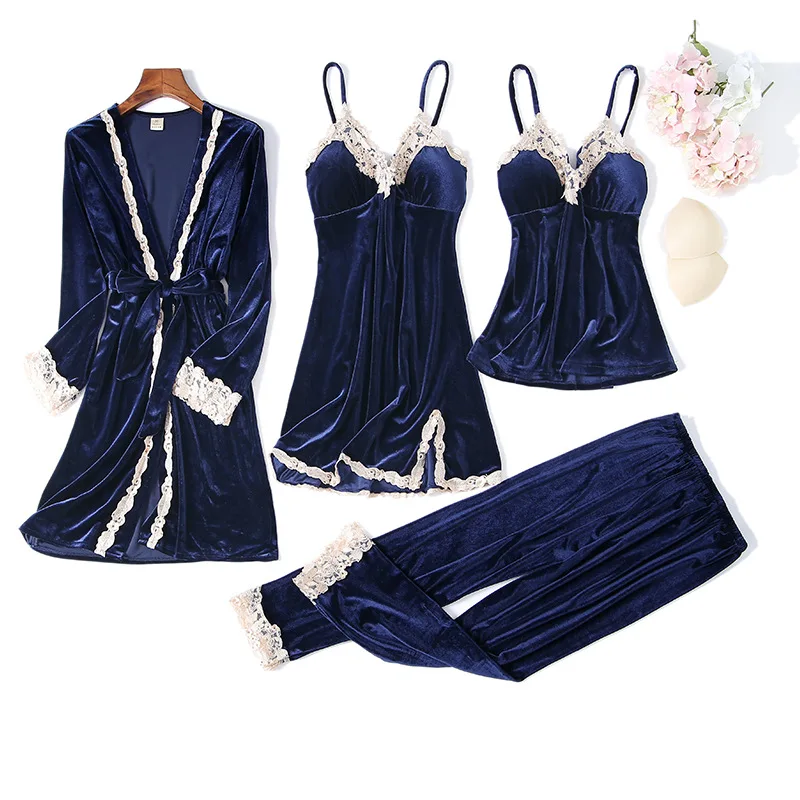 

Lace Velour Patchwork 4PCS Pajamas Suit Casual Women Nightwear Pyjamas Long Sleeve Autumn New Sleepwear Intimate Lingerie