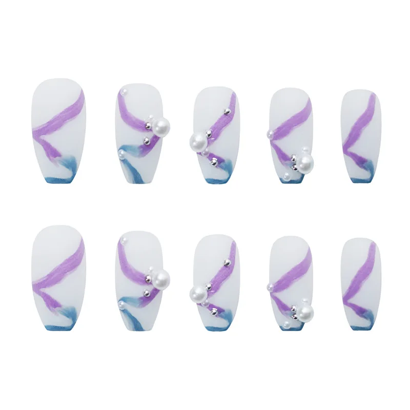 

24pcs Ballet Blue and Purple Pearls Wear Long Paragraph Fashion Manicure Patch False Nails Save Time Wearable Nail Patch STTX889