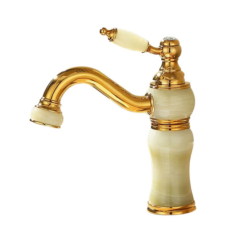 

Bathroom Basin Faucets Brass & Jade Sink Mixer Crane Taps Hot & Cold Single Handle Deck Mounted Gold Finished Free Shipping