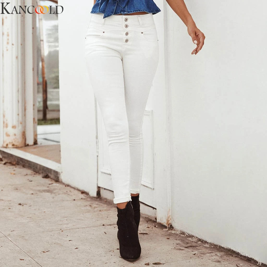 KANCOOLD Women White High-Waist Pocket Button Pencil-Trouser Casual Denim Pants Skinny Trousers Ladies Loose New Arrival |