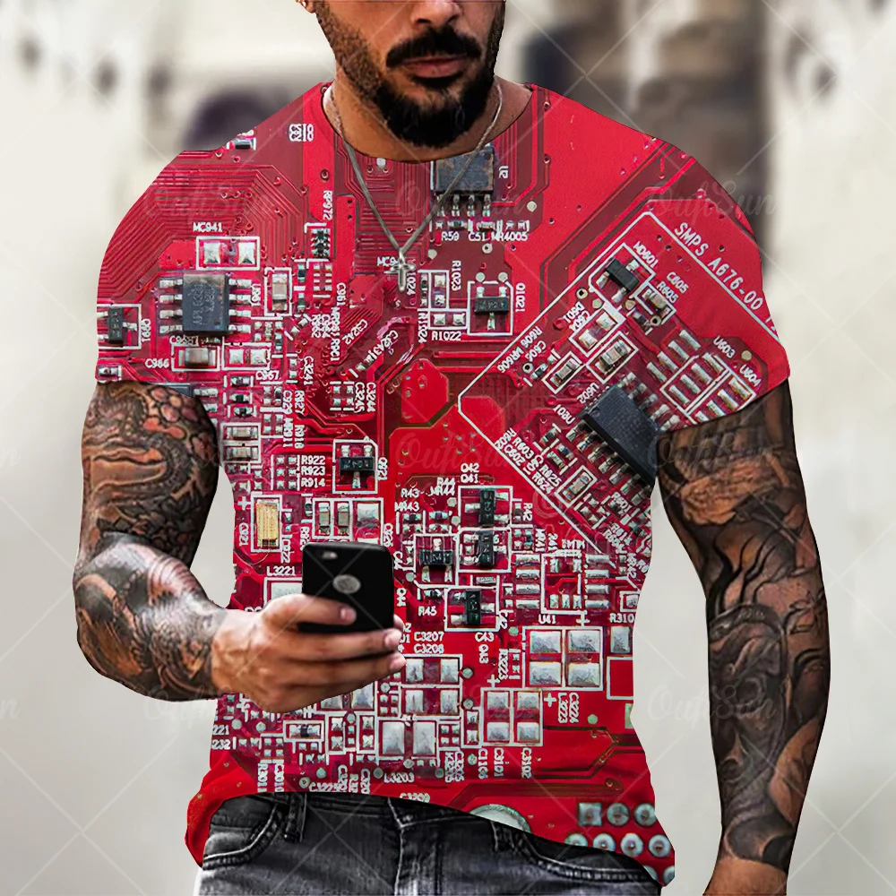 

Kimi Summer Men's Fashion Casual Short Sleeve Round Neck 3d T-Shirt Elektronische Chip Print Streetwear Man Oversize Tshirt Male