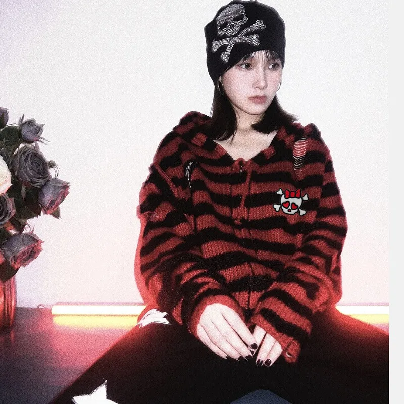 Women Sweater Harajuku Gothic Girl Skull Striped Knitted Punk Rock Zipper Loose Hooded Short Cardigan Chic Streetwear |