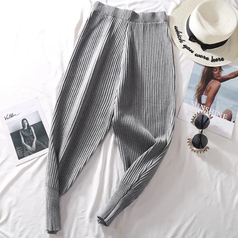 

Женские повседневные трикотажные брюки до щиколотки, корейский стиль, осень 2021, свитер с высокой талией, брюки-шаровары, штаны s1412