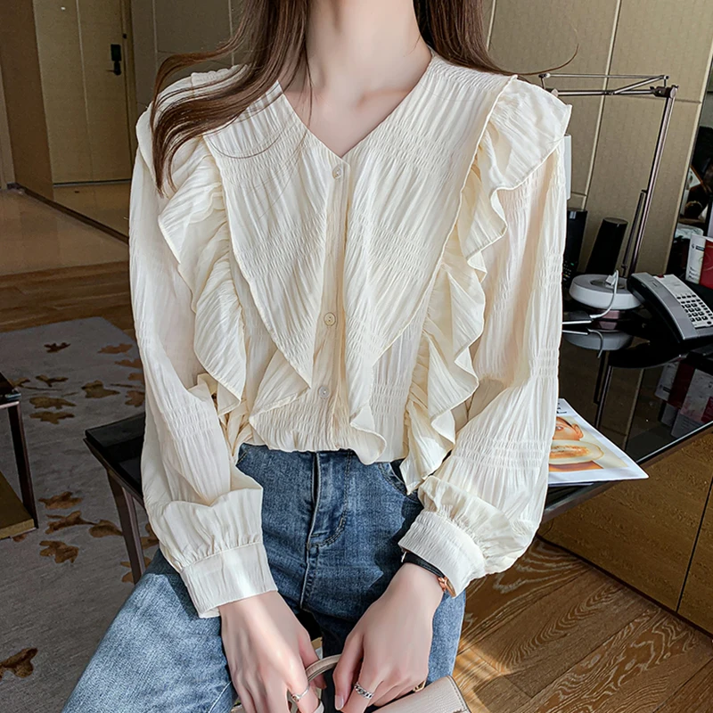 

Vintage Ruffles Blouse Women V Neck Long Sleeve Blouse Chiffon Shirt Spring Summer Plus Size Tops Women Shirts blouses femme