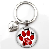 creative fashion cute animal paw print keychain cat dog i love glass pendant mini heart key ring car key man girl gift souvenir