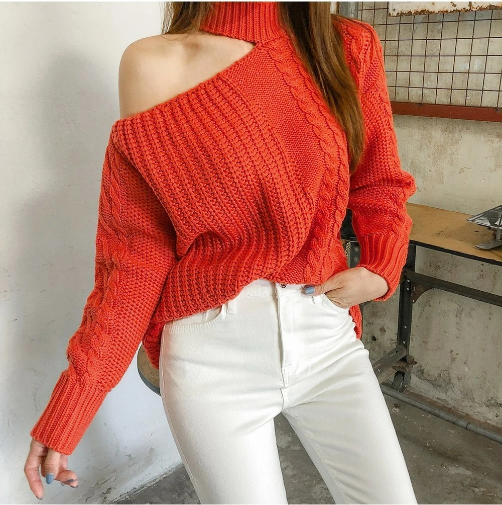 Свитер с открытыми плечами, трикотажный свитер, черная водолазка, белый цвет, корейский стиль, Ropa De Mujer Oto o Invierno