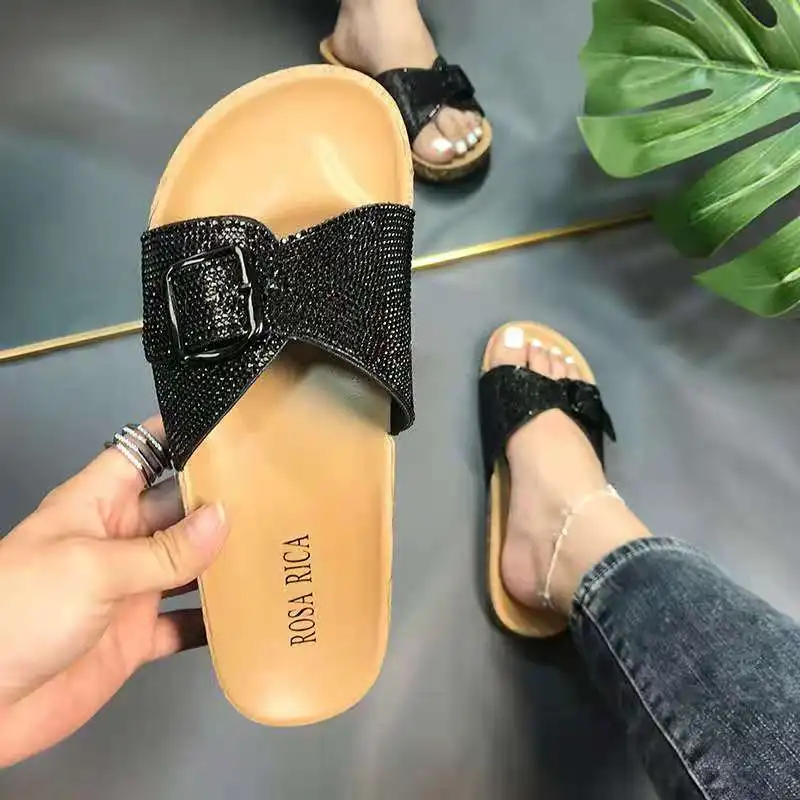 

New Fashion Rhinestone Button Ladies Shoes Cork Slippers Flip Flops Sandals For Women Cork Sole Slide Shoes Sandals Summer