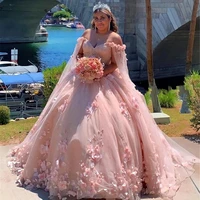 3d floral princess pink quinceanera dresses for sweet 15 year girl party ball gown with cape sexy off the shoulder debut gowns