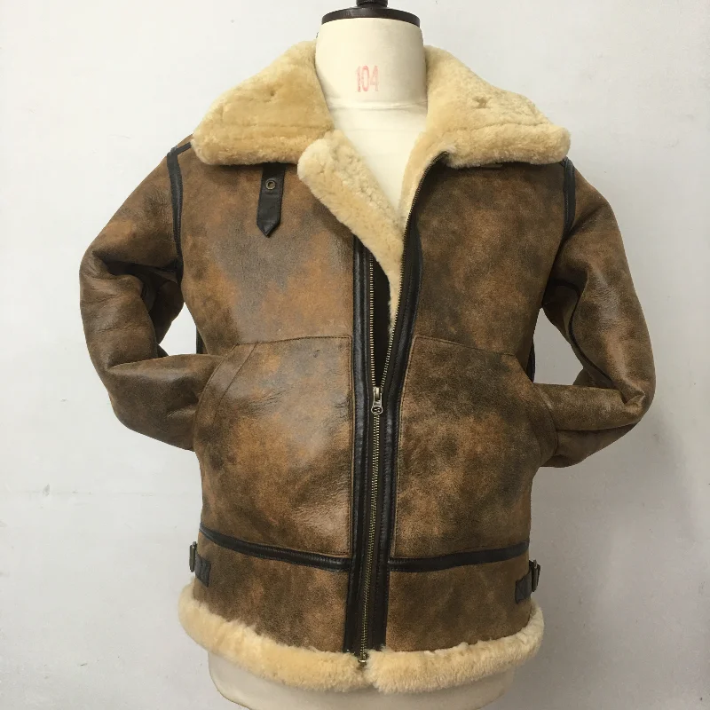 Mens Thickened Winter Leather Jacket Lamb Fur Coat Men B3 Air Force Flight Suit Sheepskin Sherling Jackets 5XL
