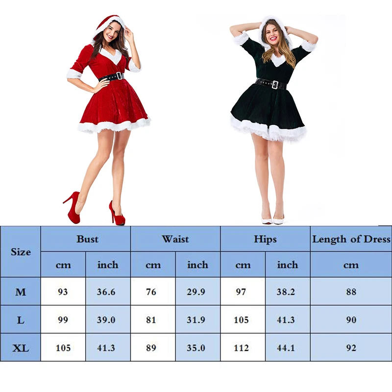 

Christmas Santa Claus Costume V-Neck tutu European and American New Party Christmas Girl Dress Dark Green Red Hooded Dress+Belt